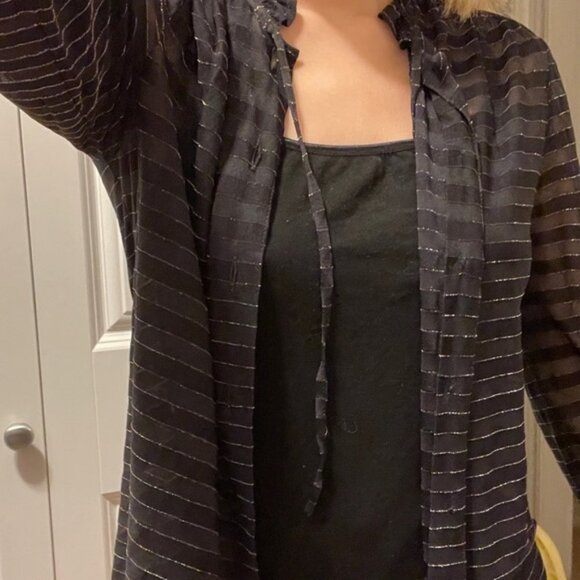 Vintage Italian Sheer Shimmer Button-Up Ribbon Blouse Black Gold - Picture 12 of 16